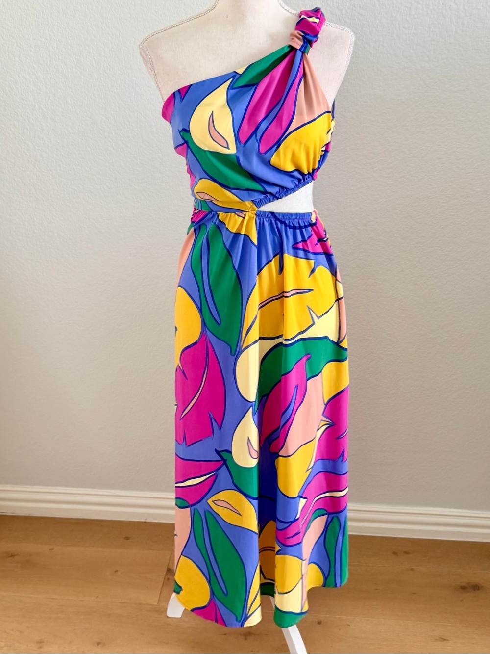 Tyche Yellow and Blue Patterned One Shoulder Cutout Maxi Dress